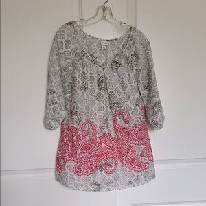 Merona White and Tan with Pink Paisley 3/4 Sleeve Top Blouse Tunic Size M
